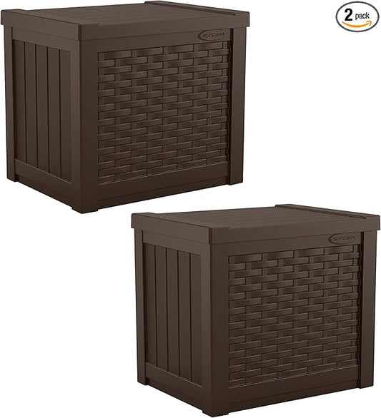Suncast 2 Pack 22-Gallon Small Deck Box - Lightweight Resin Storage Container and Seat for Patio Cushions and Gardening Tools - Store Items on Patio, Garage, 22.5"L x 17"W x 22.5"H, Yard - Java Brown