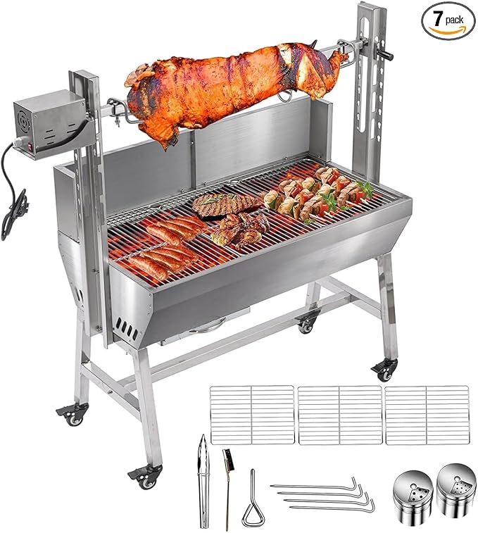 Rotisserie Grill with Back Cover Guard, 25W Motor 55 Inch Stainless Steel Small Pig Lamb Rotisserie Roaster, BBQ Charcoal Rotisserie Grill for Camping Party, Outdoor Kitchen (60KG)