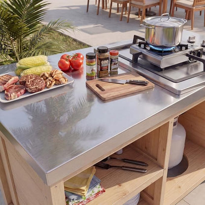 MOUMON Patio Grill Prep Table with Propane Tank Storage, Solid Cedar Patio Cabinet with Stainless Steel Top, Outdoor Cooking Station, Propane not Included, Oak 51.2”W x 23.6”D x 27.6”H