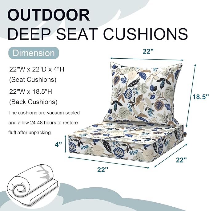 DYTXIII Outdoor Deep Seat Cushion Set, Water Repellent 22"x22" Patio Thick Cushions Replacement with Seat & Back Pillow for Patio Sofa, Wicker Chair, Couch - Breeze Leaves Beige