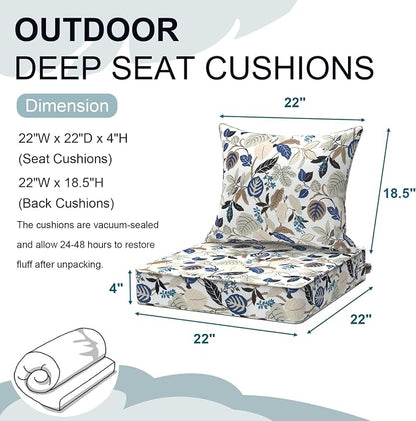 DYTXIII Outdoor Deep Seat Cushion Set, Water Repellent 22"x22" Patio Thick Cushions Replacement with Seat & Back Pillow for Patio Sofa, Wicker Chair, Couch - Breeze Leaves Beige