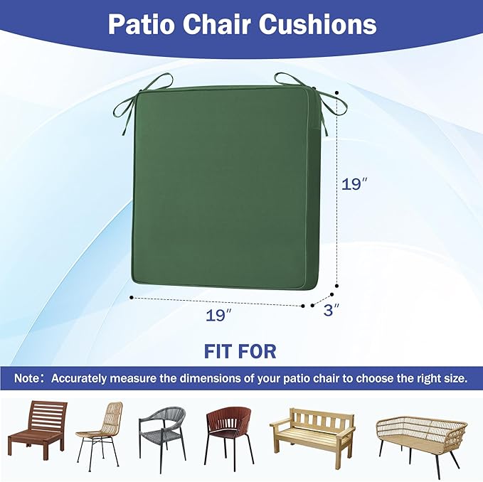 IASEAHK Patio Chair Cushions, 19" x 19" x 3" Outdoor Chair Cushions Set of 4, Waterproof Outdoor Cushions for Patio Furniture, Outdoors Seat Cushions with Handle and Ties, Forest Green