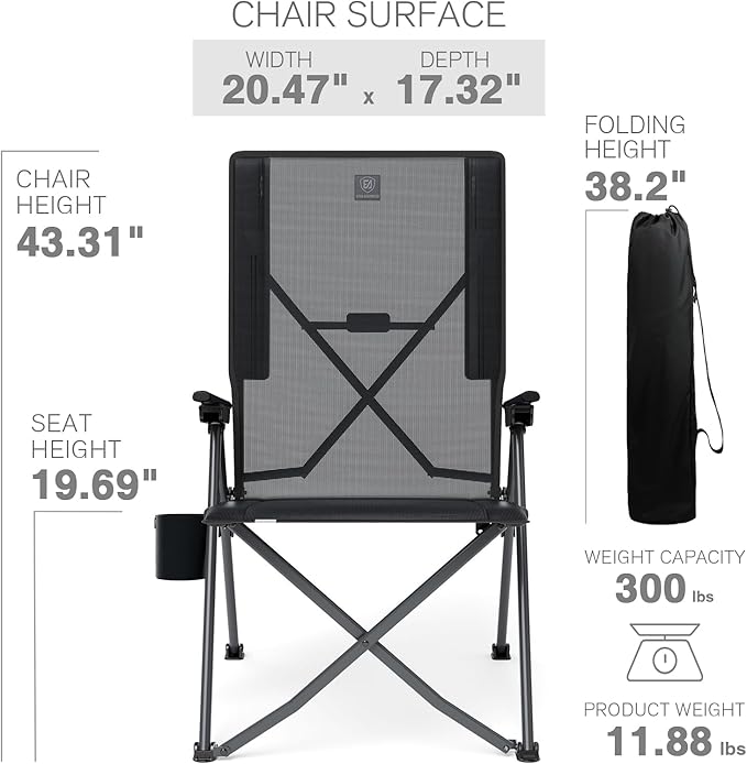 EVER ADVANCED Teslin Reclining Camping Chairs for Adult Lightweight, Portable Compact Folding Chair with Adjustable Back, 4-Level Recliner Chairs, Lawn Chair for Patio Balcony, Supports 300lbs, Black