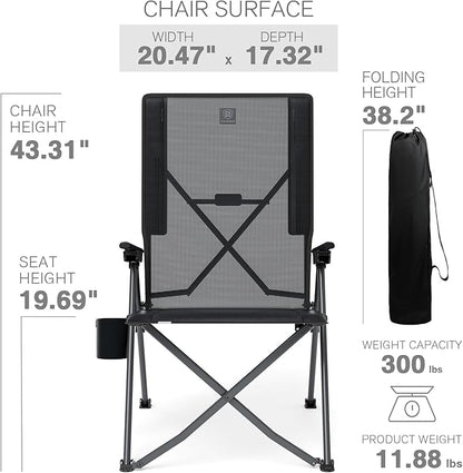 EVER ADVANCED Teslin Reclining Camping Chairs for Adult Lightweight, Portable Compact Folding Chair with Adjustable Back, 4-Level Recliner Chairs, Lawn Chair for Patio Balcony, Supports 300lbs, Black