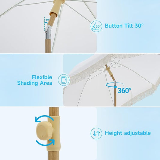 7FT Boho Patio Umberlla with Fringe,UPF50+ Outdoor Umbrella with Fiberglass Ribs and Push Button Tilt,Tassels Umbrella for Beach,Terrace,Picnic