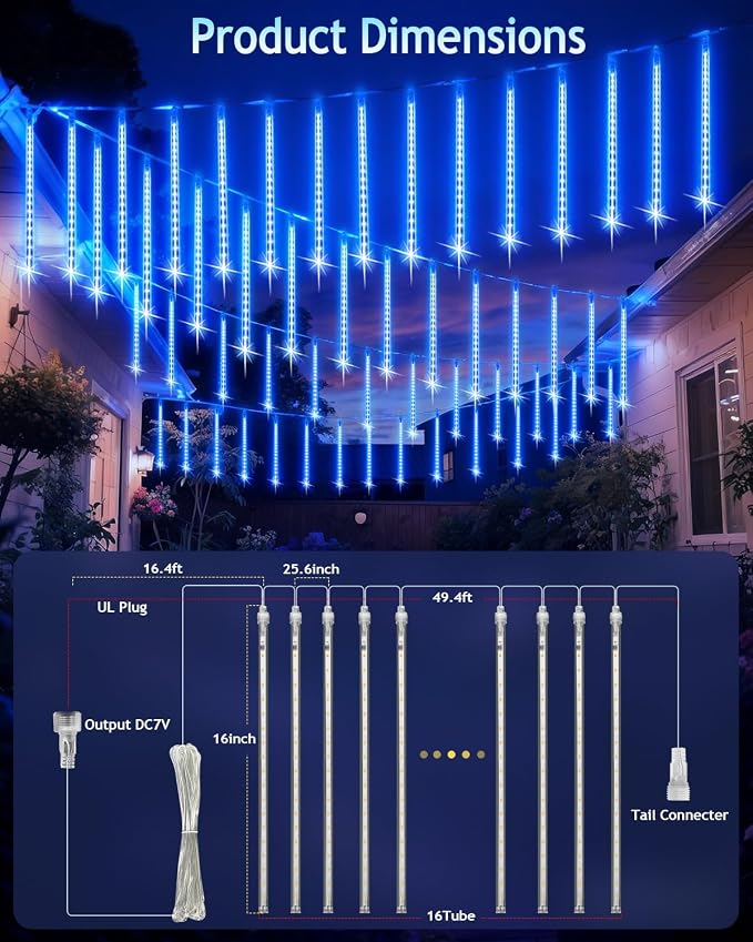 PEMOTech Christmas Lights Outdoor,16 Tubes (Equivalent to 2 Sets of 8-Tubes) Meteor Shower Lights,Waterproof Christmas Decorations for Xmas Tree Party, Outdoor Christmas Decorations,UL Plug,Blue