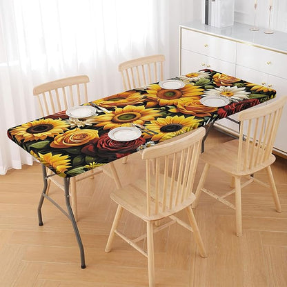 Irisbell Picnic Table Cover with Elastic Edge,6FT Wind Proof Wrinkleproof Fitted Tablecloth Cover Camping Beach Patio Rectangle Table Cloth for Indoor Outdoor (Sunflower, 30'' x 72'')