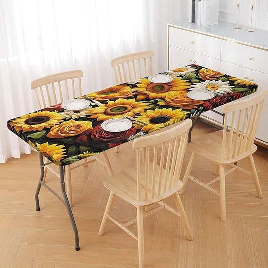 Irisbell Picnic Table Cover with Elastic Edge,6FT Wind Proof Wrinkleproof Fitted Tablecloth Cover Camping Beach Patio Rectangle Table Cloth for Indoor Outdoor (Sunflower, 30'' x 72'')