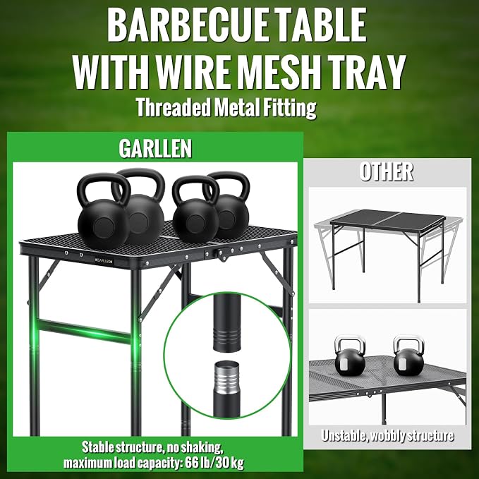 GARLLEN Folding Grill Table, 3 Adjustable Height Lightweight Camping Table with Heat-Resistant Tabletop, Portable Aluminum Picnic Tables for BBQ, Beach, Travel, 23.6" L x 15.7" W, Threaded Install