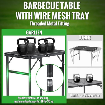 GARLLEN Folding Grill Table, 3 Adjustable Height Lightweight Camping Table with Heat-Resistant Tabletop, Portable Aluminum Picnic Tables for BBQ, Beach, Travel, 23.6" L x 15.7" W, Threaded Install
