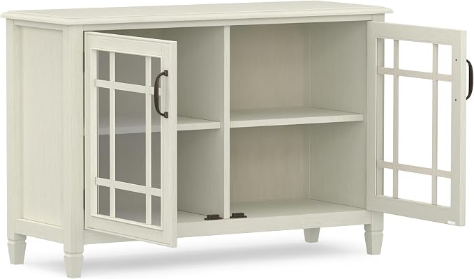 SIMPLIHOME Connaught 46" Wide Solid Wood Low Cabinet in Antique White | Traditional low console cabinet with glass doors and storage shelves for the living room, entryway or dining room.