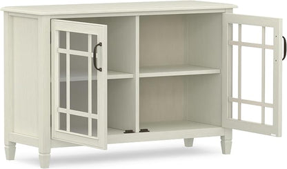 SIMPLIHOME Connaught 46" Wide Solid Wood Low Cabinet in Antique White | Traditional low console cabinet with glass doors and storage shelves for the living room, entryway or dining room.