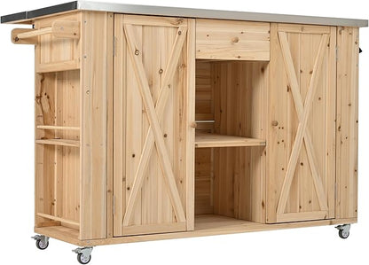 52.25" W Outdoor Grill Cart Table with Stainless Steel Tabletop, Patio Kitchen Island Storage Cabinet for BBQ, Bar