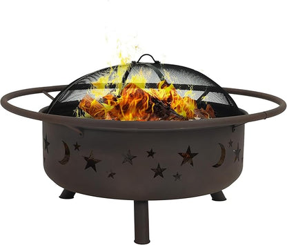 Sunnydaze Cosmic 42-Inch Large Outdoor Fire Pit - Wood-Burning Firepit for Outside Patio, Backyard, Deck - Steel - Wood Grate, Spark Screen, and Fireplace Poker Included - Bronze - 31” Bowl Diameter