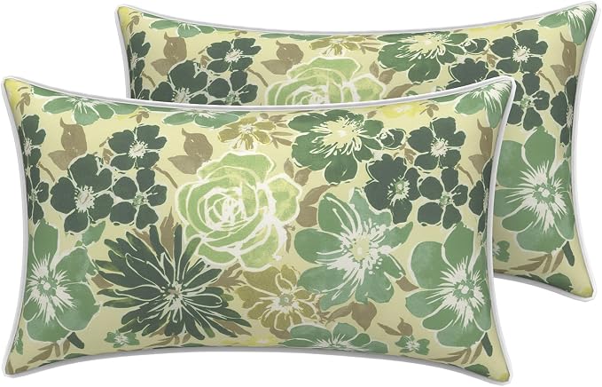 LVTXIII 2 Pack Outdoor Lumbar Pillow Covers 12x20 Inch with Piping, Water-Repellent Back Cushion Covers ONLY for Patio Furniture, Sofa, Garden Bench, Green Rose