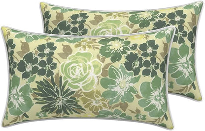 LVTXIII 2 Pack Outdoor Lumbar Pillow Covers 12x20 Inch with Piping, Water-Repellent Back Cushion Covers ONLY for Patio Furniture, Sofa, Garden Bench, Green Rose