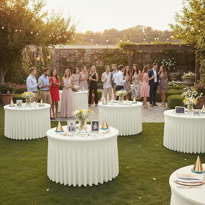 Fitted Beige Spandex Table Skirts for Wedding Party,60 Inch Round,6 Pack | Spandex Table Covers, For 5 Ft Wedding Cake Tables, Wrinkle Resistant, Ruffle Design Banquets, Baby Showers, Parties