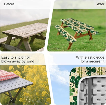 ANNA QUEEN St. Patrick’s Day Clover 6FT Picnic Table Cover with Bench Covers Set of 3 with Drawstring Bag, Green Clover 72"x30" Waterproof Picnic Tablecloth & Bench Covers for Outdoor Dining
