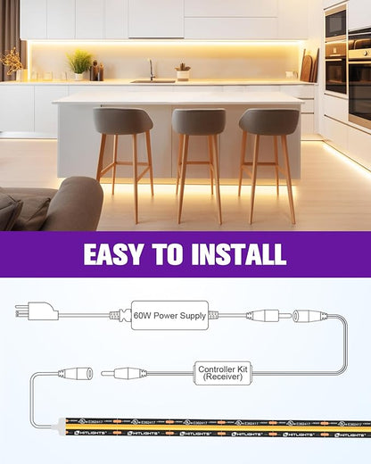 HitLights COB LED Strip Lights Kit Warm White with Remote & 12V Power Supply,16.4ft Dimmable Tape Light 3000K, 2400LEDs, 305+Lm/ft, UL Listed, Flexible Rope Lights for Bedroom Kitchen Cabinet Lighting