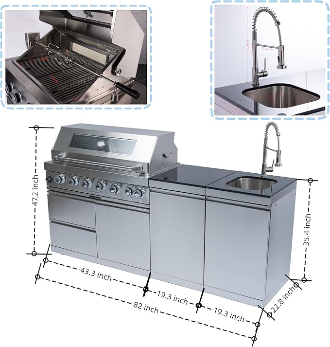 82" Modular Outdoor Kitchen Island with Grill, 6-Burner 85,000 BTU Propane BBQ Island, Separate Sink & Prep Station, for Backyard and Patio Cooking, Silver