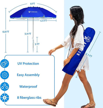 AMMSUN 6ft Folded Portable Travel Beach Umbrella with Sand Anchor Tilt Air vent UPF 50+UV Protection Fit In Suitcase Compact Foldable Telescopic umbrellas for Patio Garden Beach Pool Blue
