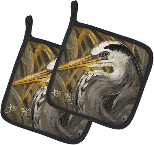 Caroline's Treasures JMK1229PTHD Blue Heron Pair of Pot Holders Kitchen Heat Resistant Pot Holders Sets Oven Hot Pads for Cooking Baking BBQ, 7 1/2 x 7 1/2