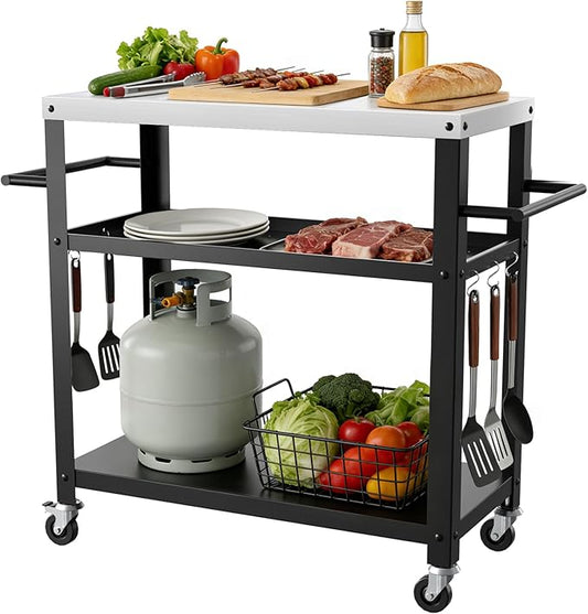 Baotree Outdoor Grill Cart Table, Stainless Steel Outdoor Grill Cart Pizza Oven Stand Trolley Table with Two Side Handle, Garden Patio BBQ Kitchen Heavy Duty Table Cart (Black)