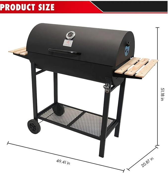 Charcoal Portable BBQ Grill with Wooden Shelf and Wheels, 49.2 in (125 cm) Wide