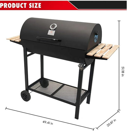Charcoal Portable BBQ Grill with Wooden Shelf and Wheels, 49.2 in (125 cm) Wide
