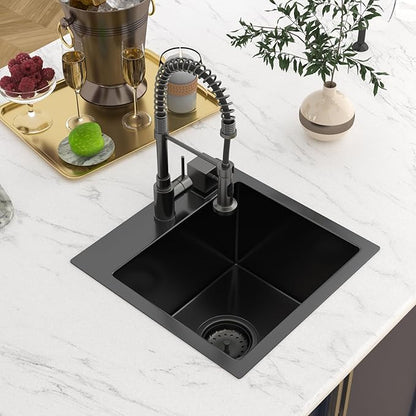 15 In Gunmetal Black Drop Bar Sink 15 x 15 Inch Kitchen Sink 18 Gauge Stainless Steel Single Bowl Topmount Handmade Sink for Outdoor, RV, 15x15x9