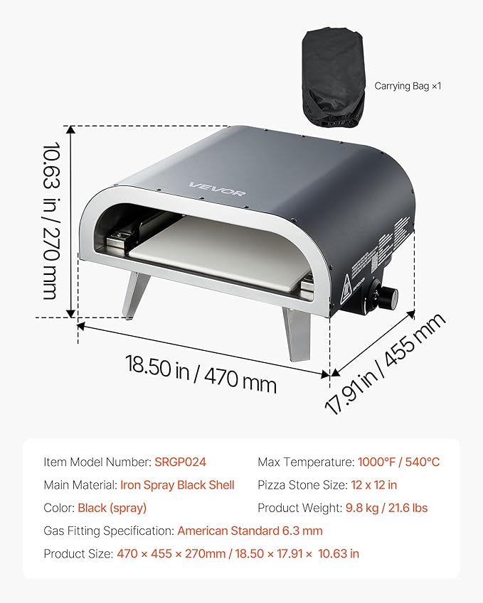 VEVOR Propane Outdoor Pizza Oven, 12 Inch Gas Pizza Maker, Max 1000℉, Portable Outdoor Cooker with Thickened Pizza Stone, 3 Layers Pizza Oven for Outside Patio Camping & Backyard, Black