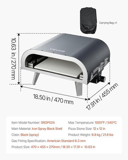 VEVOR Propane Outdoor Pizza Oven, 12 Inch Gas Pizza Maker, Max 1000℉, Portable Outdoor Cooker with Thickened Pizza Stone, 3 Layers Pizza Oven for Outside Patio Camping & Backyard, Black