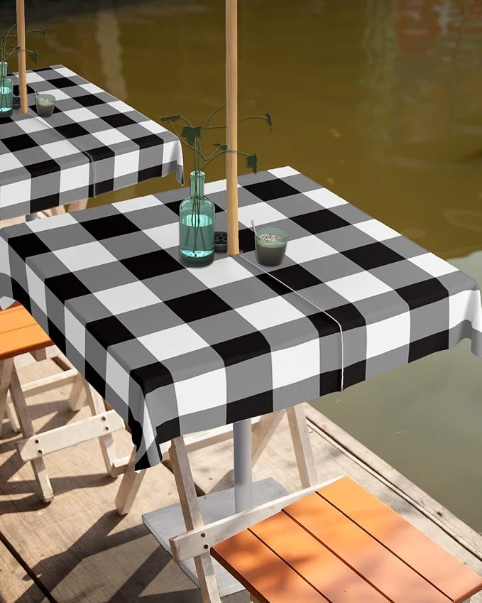 Black and White Checkered Outdoor Tablecloth - 54x54 Inch Square Dining Table Cover, Farmhouse Buffalo Plaid Waterproof Outdoor Table Cloth with Umbrella Hole & Zipper for Picnic/Patio/Party