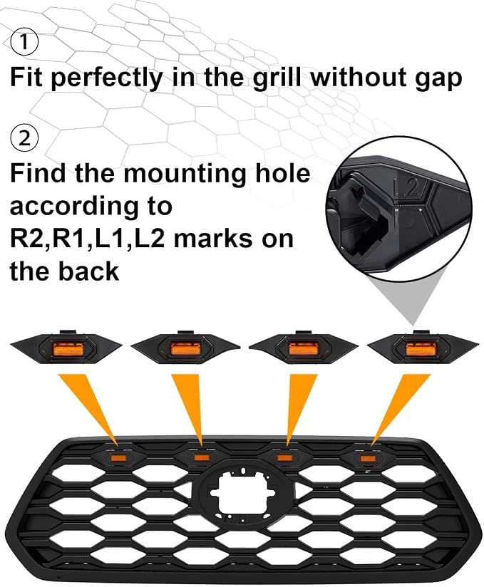 SEVEN SPARTA 4 PCS Grill Led Lights with Fuse Adaptor Compatible with 2020-2023 Toyota Tacoma TRD Off Road & Sport OEM Front Grille, Full-Cover (Amber Light with Amber Shell)