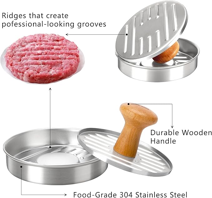 Cook Guy Burger Press 5" Hamburger Press Patty Maker – Non-Stick Hamburger Mold with 100 Patty Papers Set | 304 Stainless Mash Tool Smash for Meat Beyond Veggie Turkey Vegan Beef