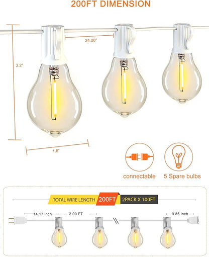 Outdoor String Patio Lights White 200FT Waterproof Lights for Wedding Party | 2FT Bulbs Spacing, 2x100FT Connectable White Outdoor Lighting with 105 Plastic Dimmable LED Bulbs for Backyard Bistro Balcony
