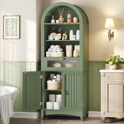 RALGEND 66" Tall Bathroom Cabinet Set of 2, Freestanding Cabinet with Doors & Shelves,Arched Cabinets for Bathroom, Living Room, Kitchen, Laundry, Green