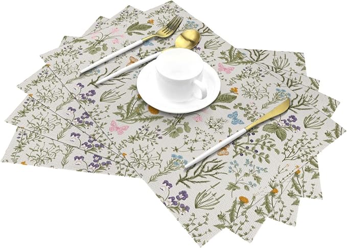 Vintage Wildflowers Placemats Set of 4 Herbs Plants Dining Table Mat | Washable Cute Botanic Spring Summer Sage Green Place Mats for Kitchen Dinner Parties Decor12"x18"