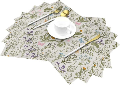 Vintage Wildflowers Placemats Set of 4 Herbs Plants Dining Table Mat | Washable Cute Botanic Spring Summer Sage Green Place Mats for Kitchen Dinner Parties Decor12"x18"