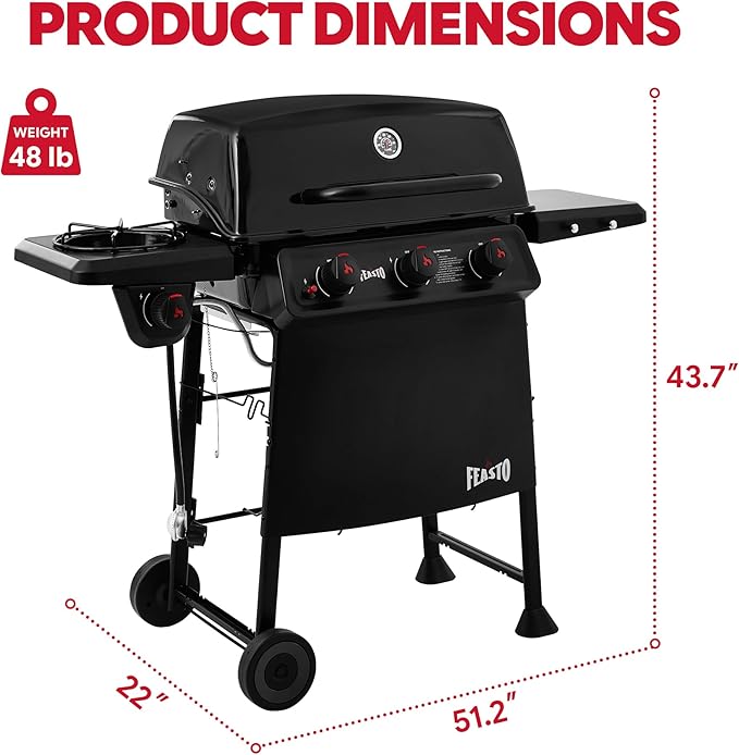 Feasto 3 Burner Propane Gas Grill with Side Burner, Porcelain-Enamel Main Body and Lid, Propane BBQ Grill with 38,000 BTUs Output & Side Table for Patio, Backyard, Poolside Gatherings
