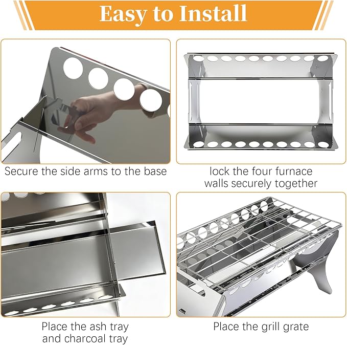 Stainless Steel Portable Charcoal Grill Heater Heating Stove with Ash Tray - Compact BBQ Grill for In and Outdoor Camping, Backyard, Picnic, Easy to Assemble & Clean