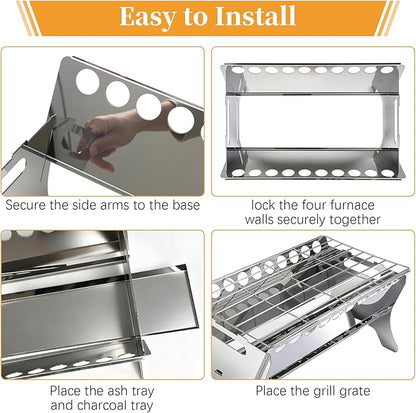 Stainless Steel Portable Charcoal Grill Heater Heating Stove with Ash Tray - Compact BBQ Grill for In and Outdoor Camping, Backyard, Picnic, Easy to Assemble & Clean