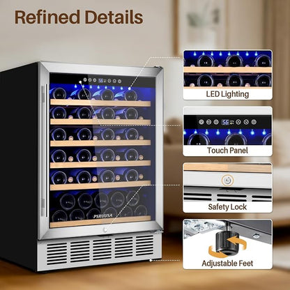 24 Inch Wine Fridge 51 Bottles Wine Cooler with Glass Door, Wine Refrigerator Temperature Control, Built-in Freestanding or Under Counter Wine Cellar for Home Bar, Bedroom