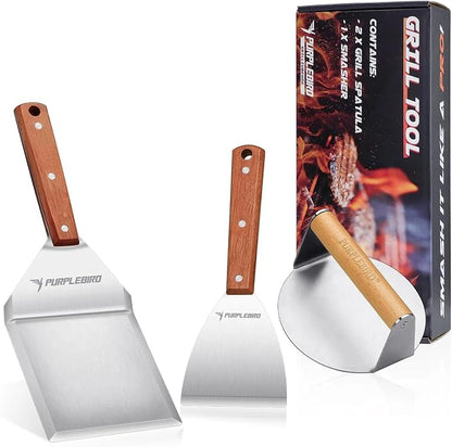 PURPLEBIRD Smash Burger Press Kit 3PCS Set, Stainless Griddle Spatulas Set | Professional Burger Smasher for Griddle, Heavy Duty Grill Press for Smash Burgers BBQ Grilling, Christmas Gifts for Men