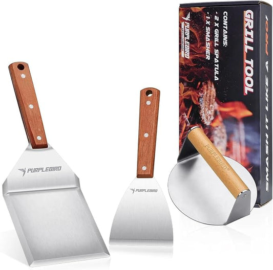 PURPLEBIRD Smash Burger Press Kit 3PCS Set, Stainless Griddle Spatulas Set | Professional Burger Smasher for Griddle, Heavy Duty Grill Press for Smash Burgers BBQ Grilling, Christmas Gifts for Men