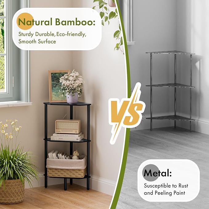 Black Corner Shelf, 3 Tier Bamboo Corner Bookshelf, Display Shelf, Corner Bathroom Shower Caddy, Toilet Paper Stand, Indoor Plant Stand Balcony, Storage Organizer Cabinet for Kitchen, Living Room