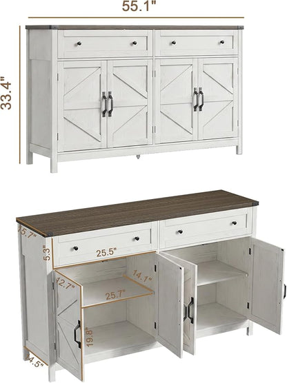 ChooChoo 55" W Coffee Bar Cabinet, Kitchen Storage Cabinet with 2 Drawers | Farmhouse Sideboard Buffet Cabinet, Adjustable Shelf & 4 Doors, Rustic White