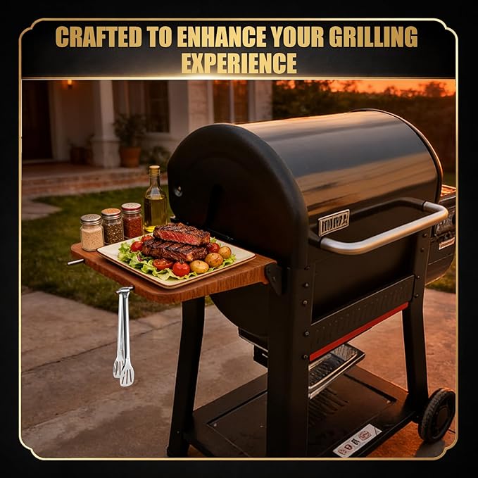 QuliMetal Foldable Side Shelf for Weber Searwood 600 & 600XL Grill, Wood Grain Finish Metal Side Table with Built-in Hooks, Natural Wood Look Grill Side Shelf Accessory