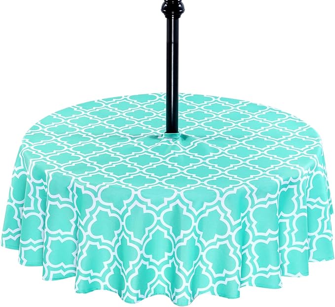 Poise3EHome Round Outdoor Tablecloth with Umbrella Hole and Zipper, Aqua 60 Inch Waterproof Patio Table Cloth, Heavy Duty Wipeable Table Cover for Summer BBQ, Picnic, Camping, Garden & Party Decor