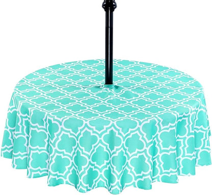Poise3EHome Round Outdoor Tablecloth with Umbrella Hole and Zipper, Aqua 60 Inch Waterproof Patio Table Cloth, Heavy Duty Wipeable Table Cover for Summer BBQ, Picnic, Camping, Garden & Party Decor